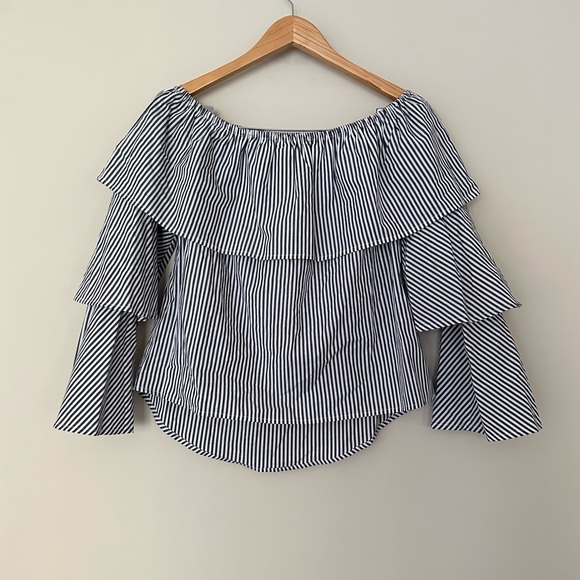 Love, Fire Blue Striped Off Shoulder Tiered Sleeve Blouse - Picture 2 of 5